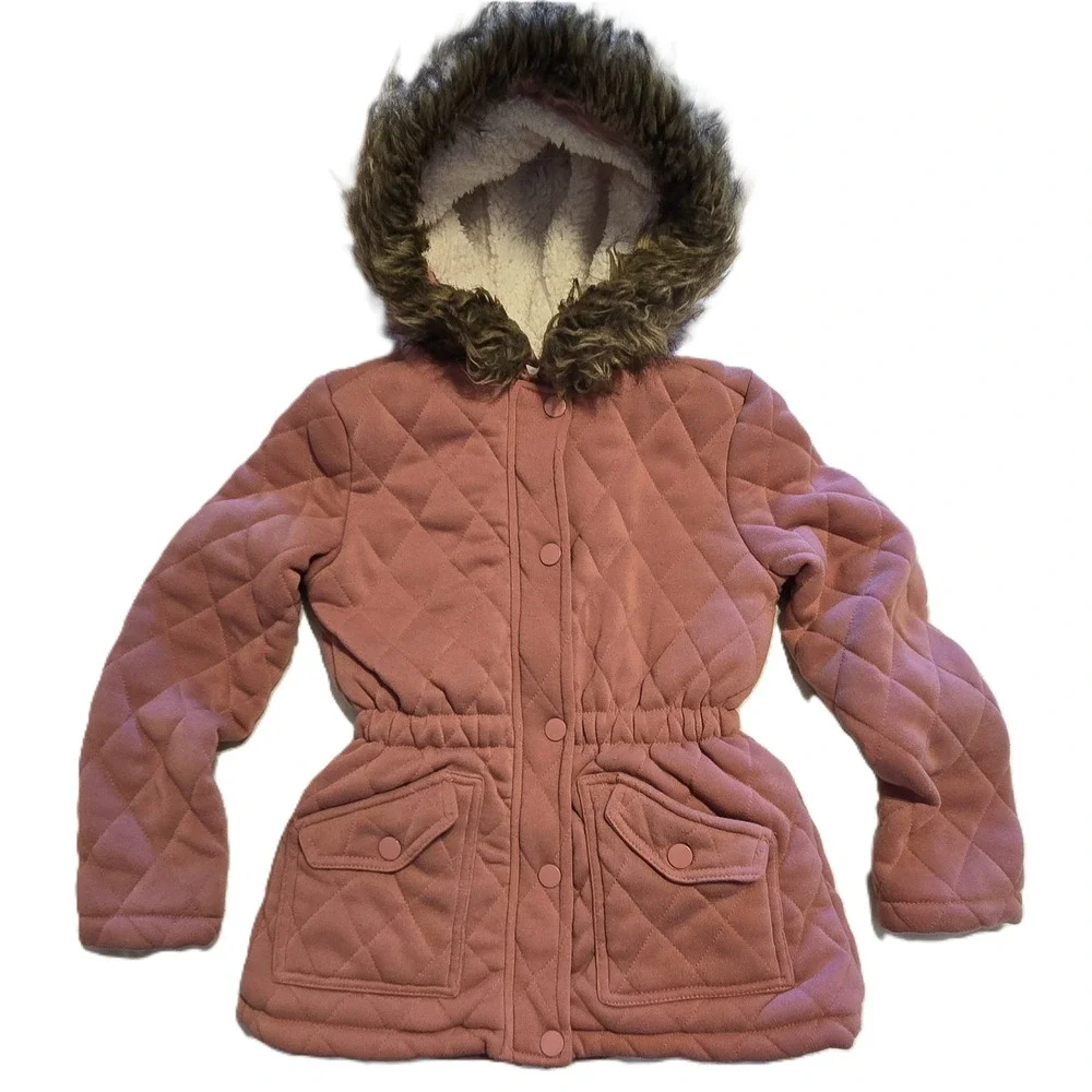 J For Justify Girls‎ Quilted Hooded Jacket Pink Faux Fur Trim Coat Size 10